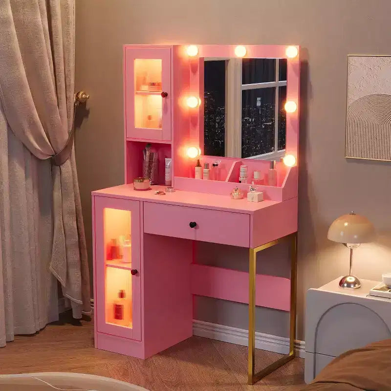 Toeletta con specchio e luci LED, tavolo da trucco con piano in MDF, gambe in metallo, cassetti e armadietti per camera da letto