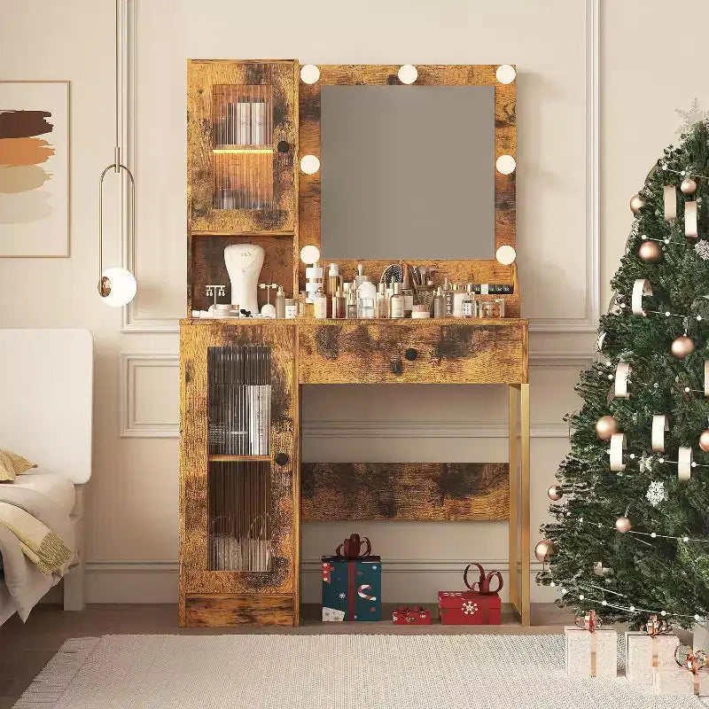 Toeletta con specchio e luci LED, tavolo da trucco con piano in MDF, gambe in metallo, cassetti e armadietti per camera da letto