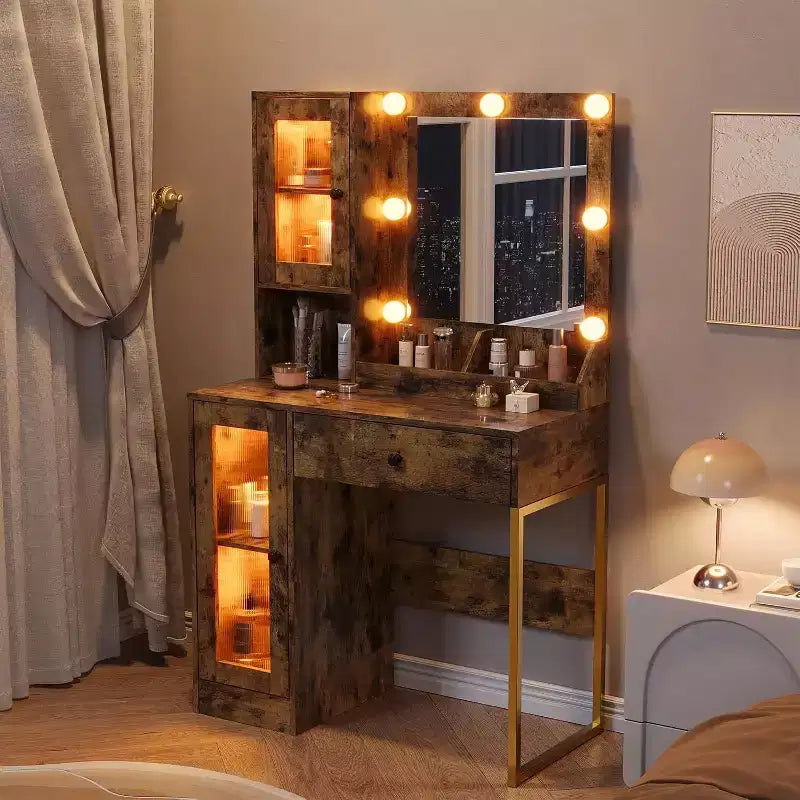 Toeletta con specchio e luci LED, tavolo da trucco con piano in MDF, gambe in metallo, cassetti e armadietti per camera da letto