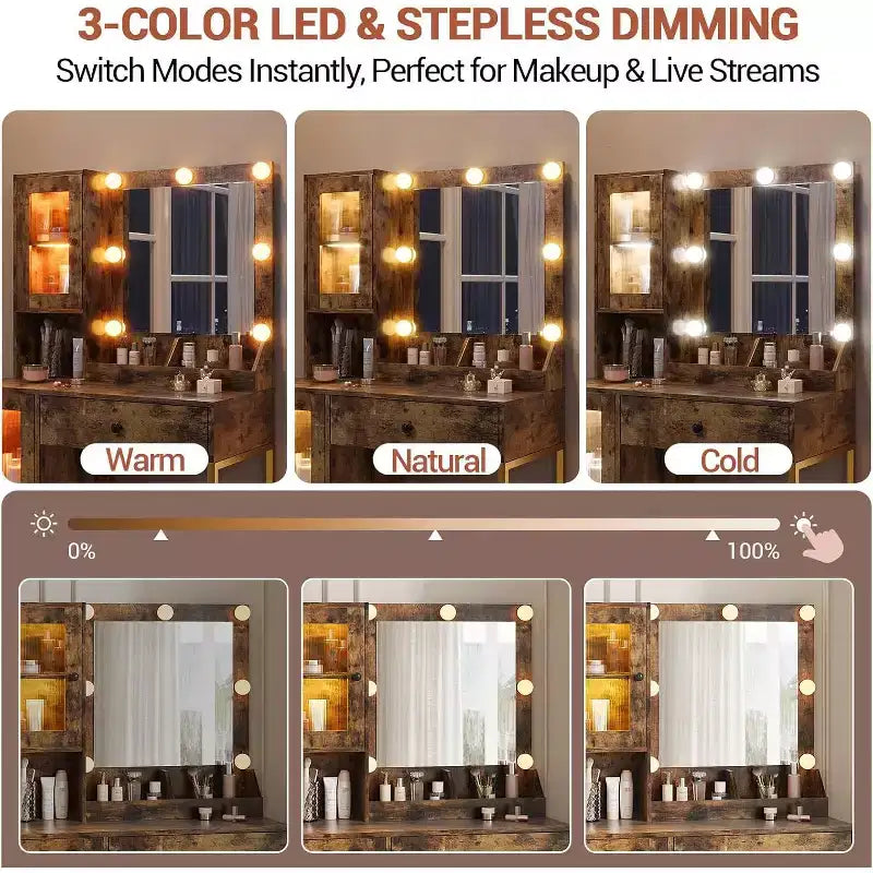 Toeletta con specchio e luci LED, tavolo da trucco con piano in MDF, gambe in metallo, cassetti e armadietti per camera da letto