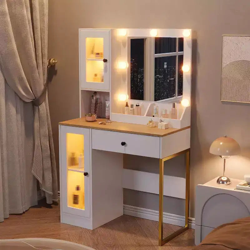 Toeletta con specchio e luci LED, tavolo da trucco con piano in MDF, gambe in metallo, cassetti e armadietti per camera da letto