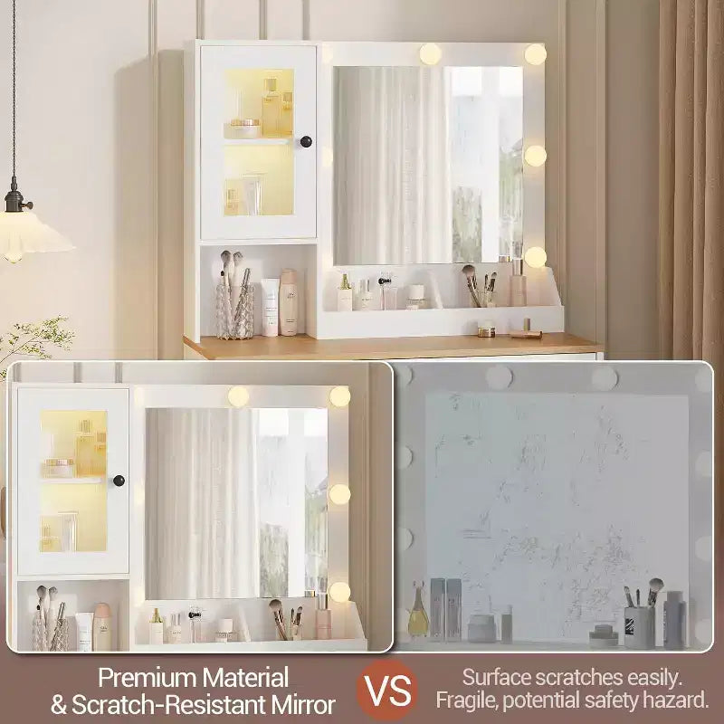 Toeletta con specchio e luci LED, tavolo da trucco con piano in MDF, gambe in metallo, cassetti e armadietti per camera da letto