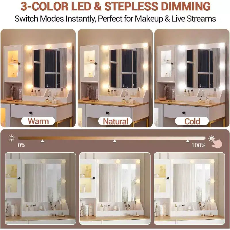 Toeletta con specchio e luci LED, tavolo da trucco con piano in MDF, gambe in metallo, cassetti e armadietti per camera da letto