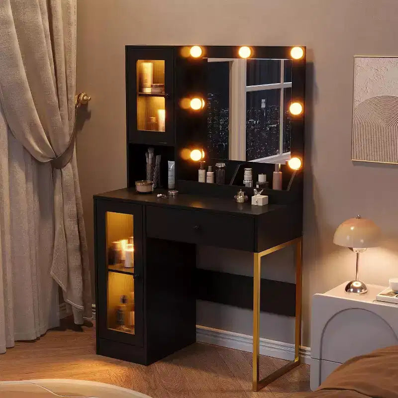 Toeletta con specchio e luci LED, tavolo da trucco con piano in MDF, gambe in metallo, cassetti e armadietti per camera da letto