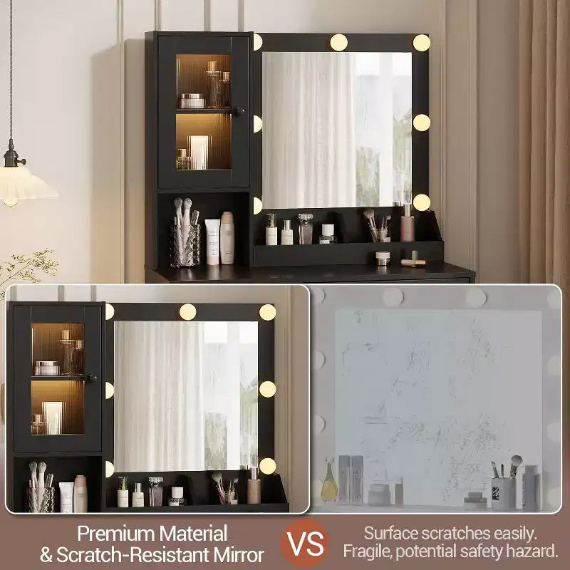 Toeletta con specchio e luci LED, tavolo da trucco con piano in MDF, gambe in metallo, cassetti e armadietti per camera da letto