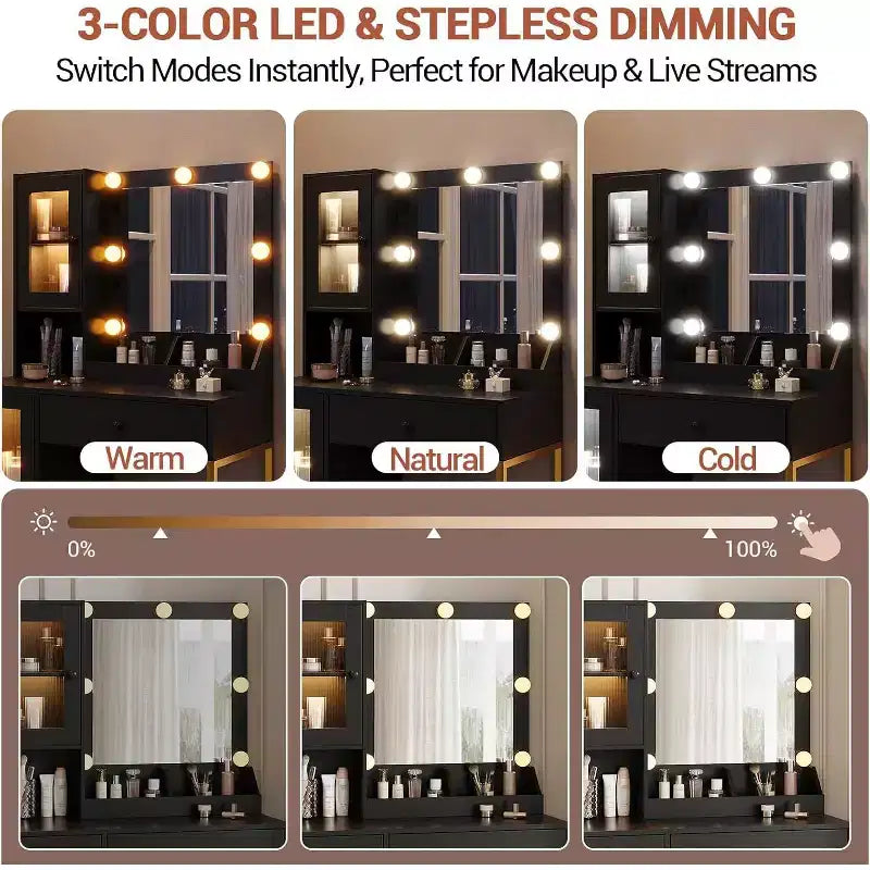 Toeletta con specchio e luci LED, tavolo da trucco con piano in MDF, gambe in metallo, cassetti e armadietti per camera da letto