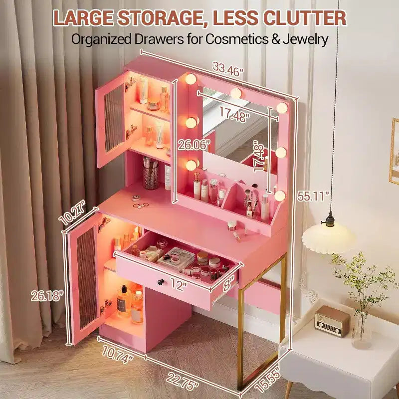 Toeletta con specchio e luci LED, tavolo da trucco con piano in MDF, gambe in metallo, cassetti e armadietti per camera da letto