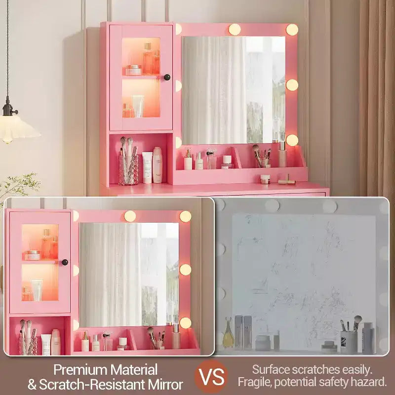 Toeletta con specchio e luci LED, tavolo da trucco con piano in MDF, gambe in metallo, cassetti e armadietti per camera da letto