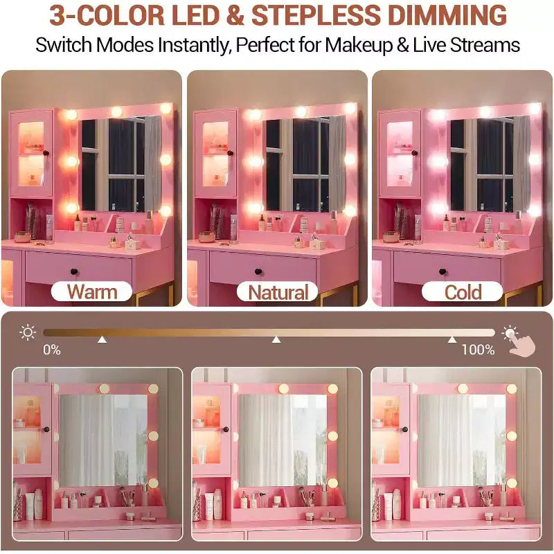 Toeletta con specchio e luci LED, tavolo da trucco con piano in MDF, gambe in metallo, cassetti e armadietti per camera da letto