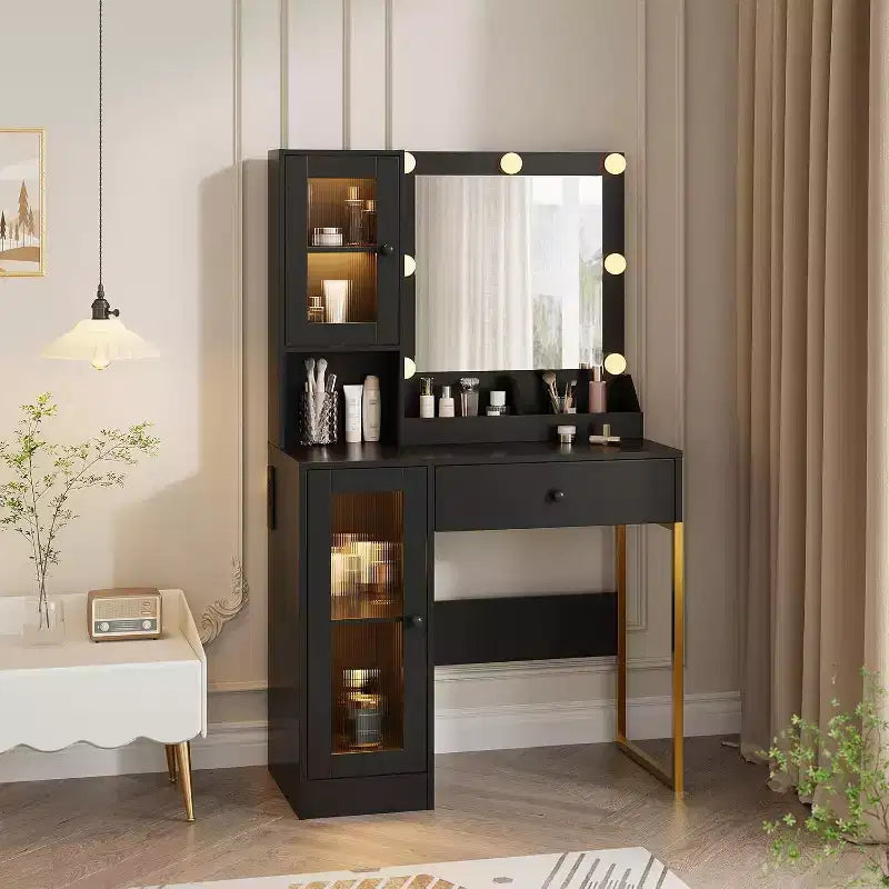 COZONY Vanity Desk with Mirror & Lights, Makeup Dressing Table with Sturdy MDF Top, Metal Legs, Smart Storage Drawers & Cabinets for Bedroom
