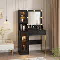 COZONY Vanity Desk with Mirror & Lights, Makeup Dressing Table with Sturdy MDF Top, Metal Legs, Smart Storage Drawers & Cabinets for Bedroom