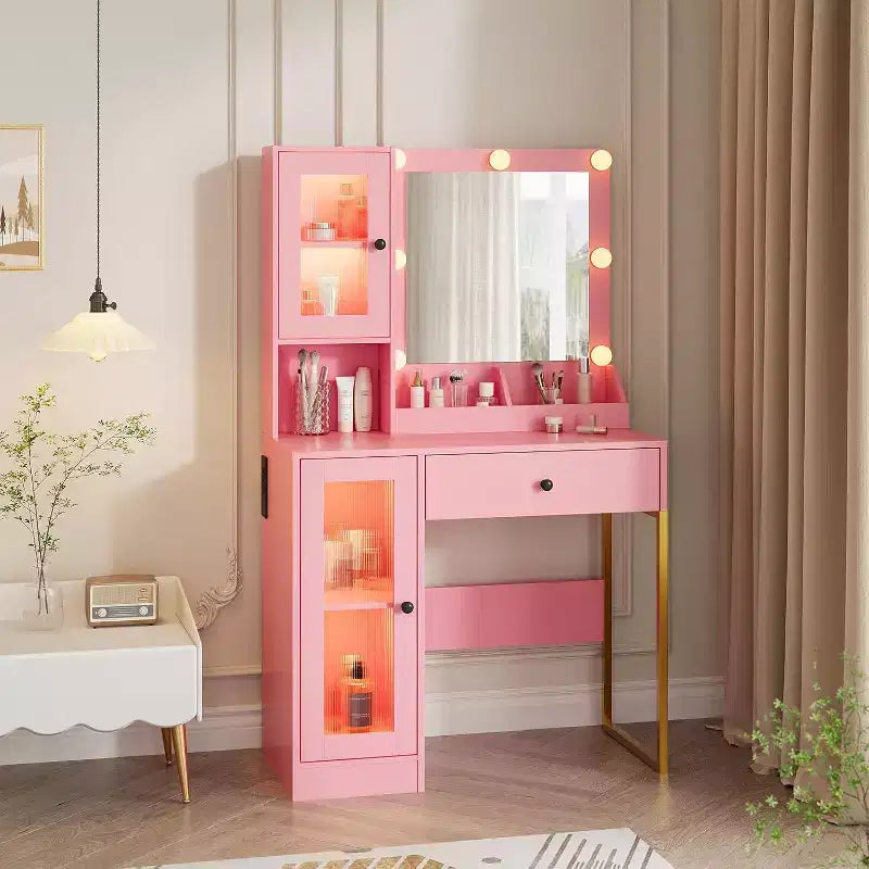 Toeletta con specchio e luci LED, tavolo da trucco con piano in MDF, gambe in metallo, cassetti e armadietti per camera da letto