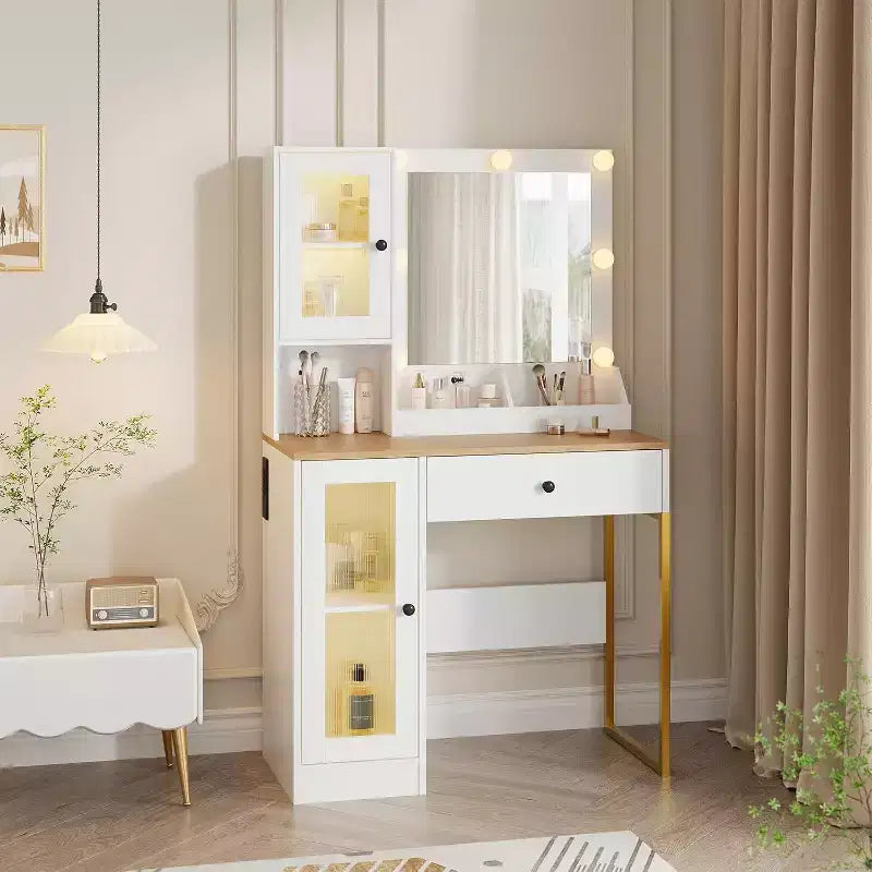 Toeletta con specchio e luci LED, tavolo da trucco con piano in MDF, gambe in metallo, cassetti e armadietti per camera da letto