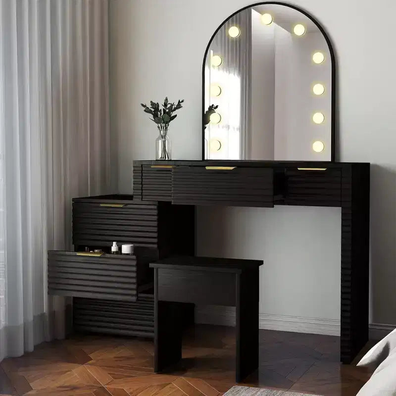 AEELLEEA Makeup Vanity Desk with Mirror Lights Glass Tabletop Vanity Table Modern Makeup Desk with Drawers for Bedroom Black US Plug