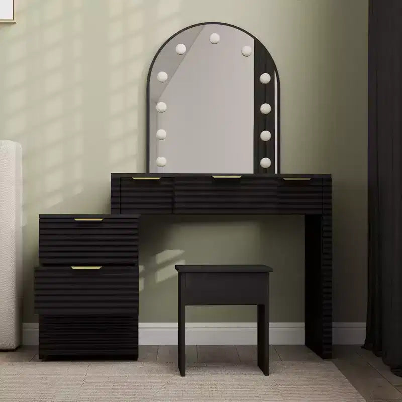 AEELLEEA Scrivania Trucco con Specchio, Luci e Piano in Vetro, Tavolo da Trucco Moderno con Cassetti per Camera da Letto, Nero, Spina USA
