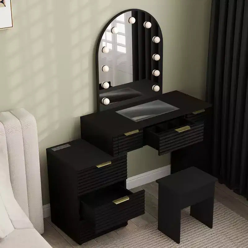 AEELLEEA Scrivania Trucco con Specchio, Luci e Piano in Vetro, Tavolo da Trucco Moderno con Cassetti per Camera da Letto, Nero, Spina USA