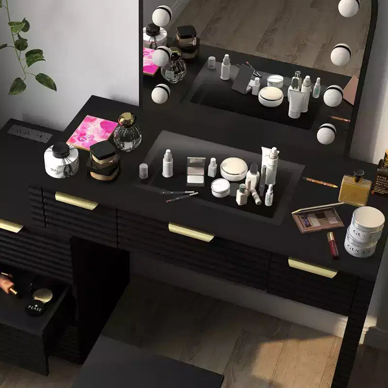 AEELLEEA Scrivania Trucco con Specchio, Luci e Piano in Vetro, Tavolo da Trucco Moderno con Cassetti per Camera da Letto, Nero, Spina USA