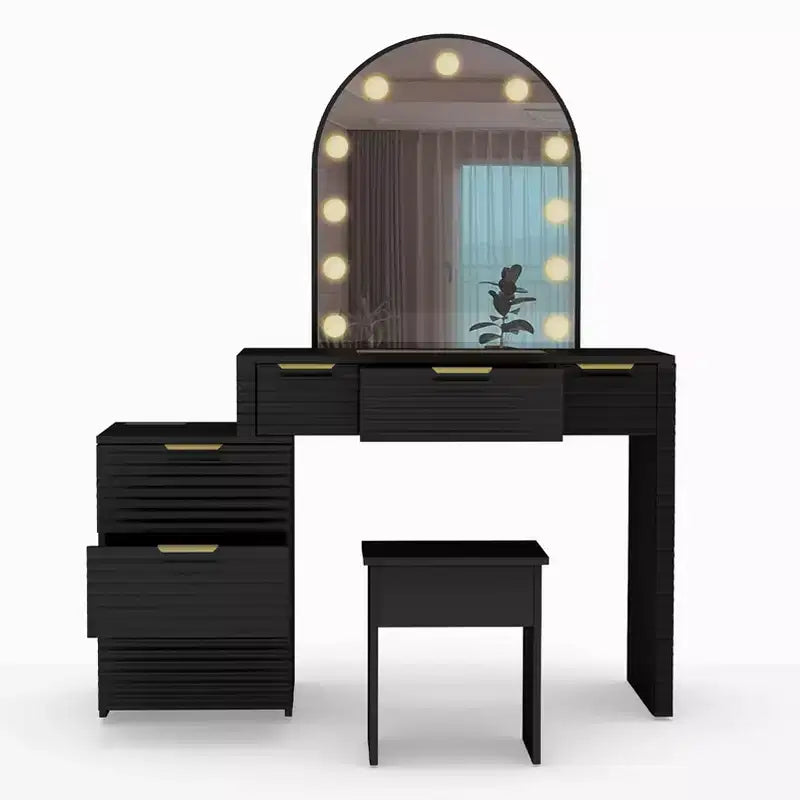 AEELLEEA Scrivania Trucco con Specchio, Luci e Piano in Vetro, Tavolo da Trucco Moderno con Cassetti per Camera da Letto, Nero, Spina USA