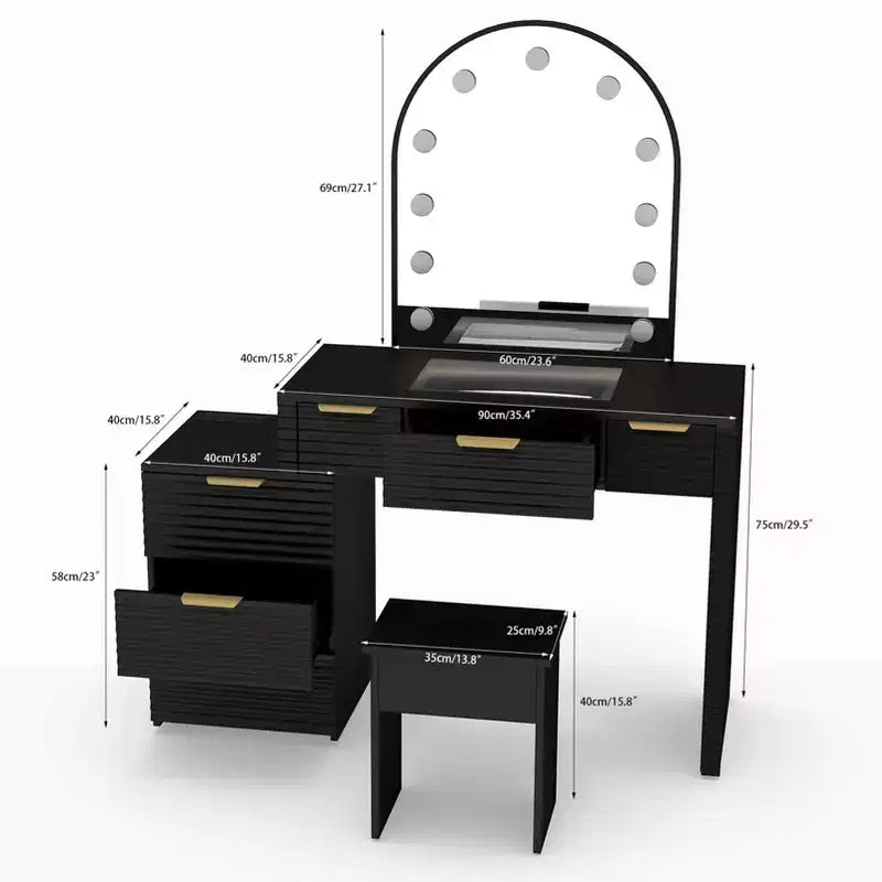 AEELLEEA Scrivania Trucco con Specchio, Luci e Piano in Vetro, Tavolo da Trucco Moderno con Cassetti per Camera da Letto, Nero, Spina USA