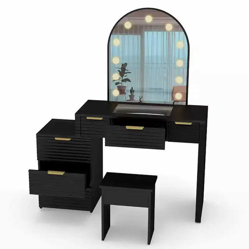 AEELLEEA Scrivania Trucco con Specchio, Luci e Piano in Vetro, Tavolo da Trucco Moderno con Cassetti per Camera da Letto, Nero, Spina USA
