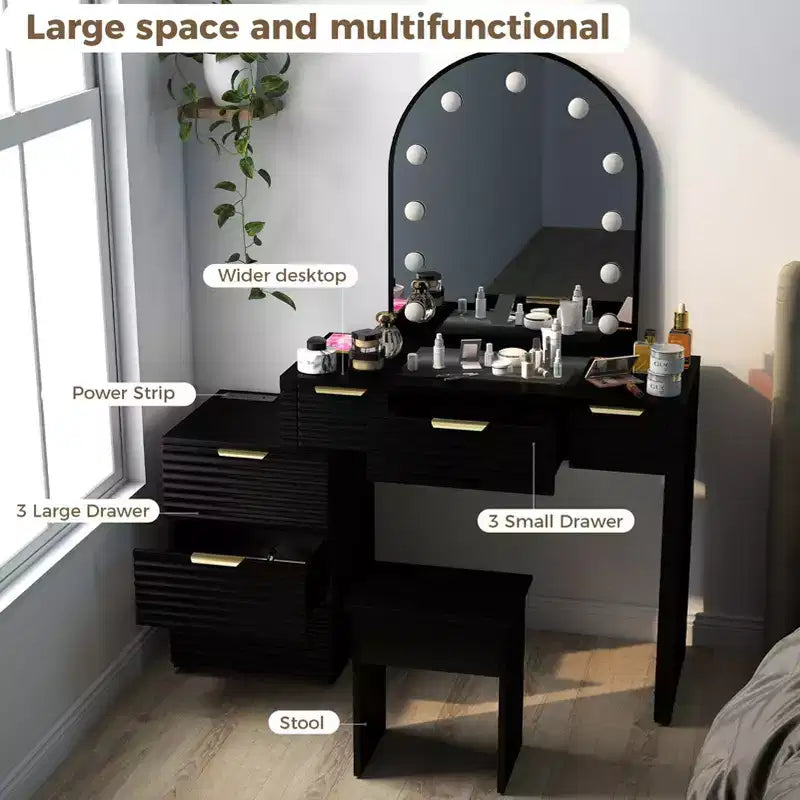 AEELLEEA Scrivania Trucco con Specchio, Luci e Piano in Vetro, Tavolo da Trucco Moderno con Cassetti per Camera da Letto, Nero, Spina USA