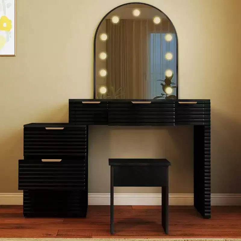 AEELLEEA Scrivania Trucco con Specchio, Luci e Piano in Vetro, Tavolo da Trucco Moderno con Cassetti per Camera da Letto, Nero, Spina USA