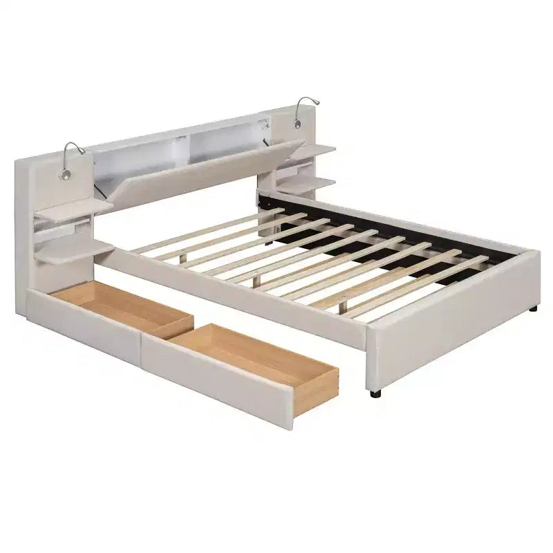 Letto a piattaforma Queen Size imbottito con testiera contenitore a ribalta, luci di lettura, 2 cassetti, ripiani e letto estraibile