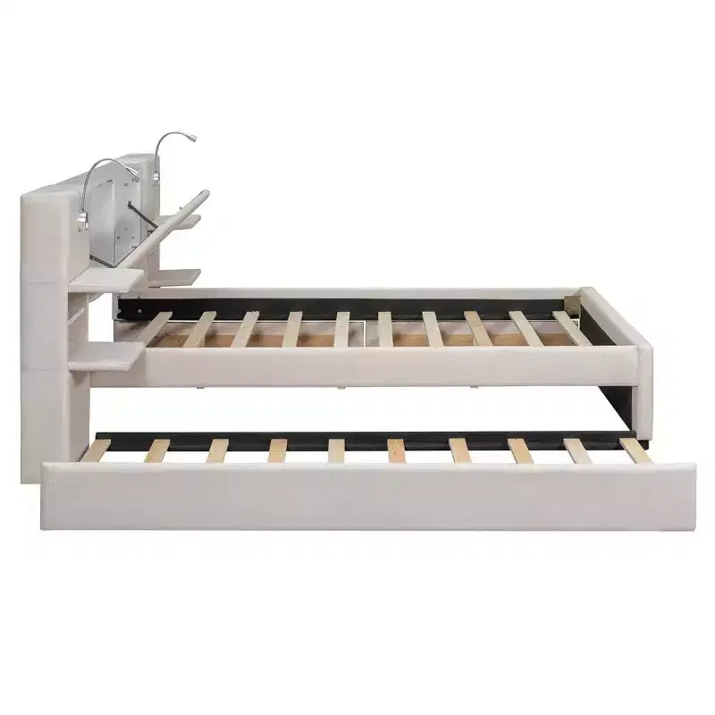 Letto a piattaforma Queen Size imbottito con testiera contenitore a ribalta, luci di lettura, 2 cassetti, ripiani e letto estraibile