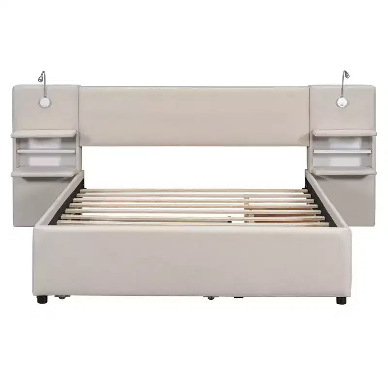Letto a piattaforma Queen Size imbottito con testiera contenitore a ribalta, luci di lettura, 2 cassetti, ripiani e letto estraibile