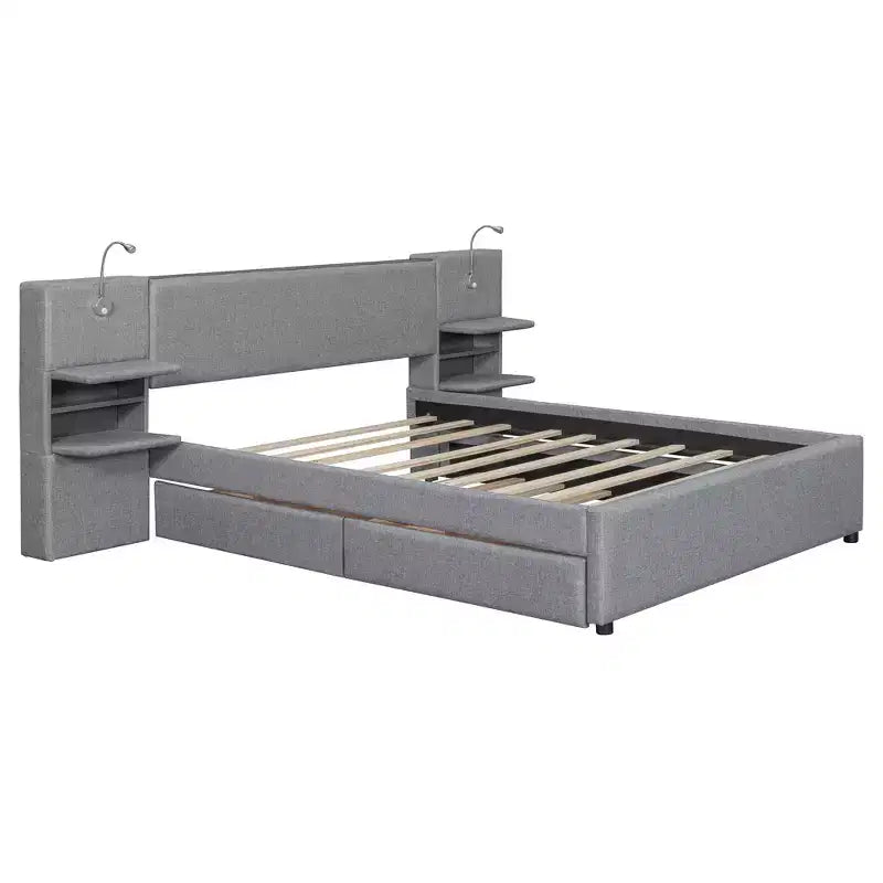 Letto a piattaforma Queen Size imbottito con testiera contenitore a ribalta, luci di lettura, 2 cassetti, ripiani e letto estraibile