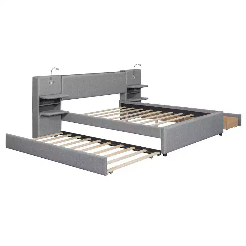 Letto a piattaforma Queen Size imbottito con testiera contenitore a ribalta, luci di lettura, 2 cassetti, ripiani e letto estraibile
