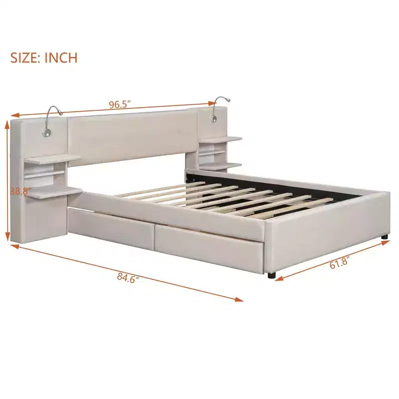 Letto a piattaforma Queen Size imbottito con testiera contenitore a ribalta, luci di lettura, 2 cassetti, ripiani e letto estraibile