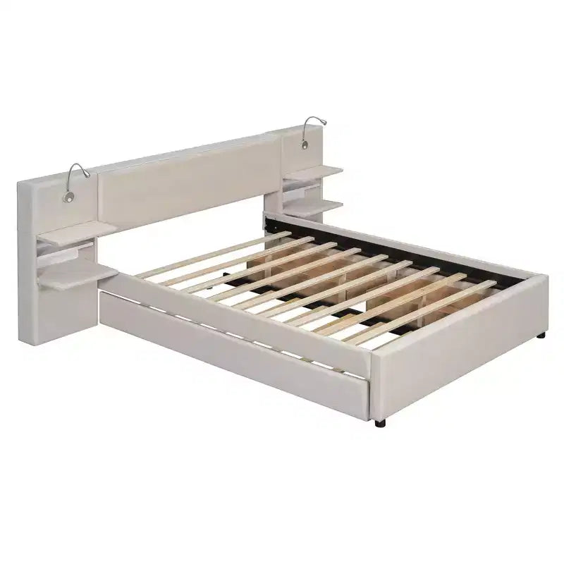 Letto a piattaforma Queen Size imbottito con testiera contenitore a ribalta, luci di lettura, 2 cassetti, ripiani e letto estraibile