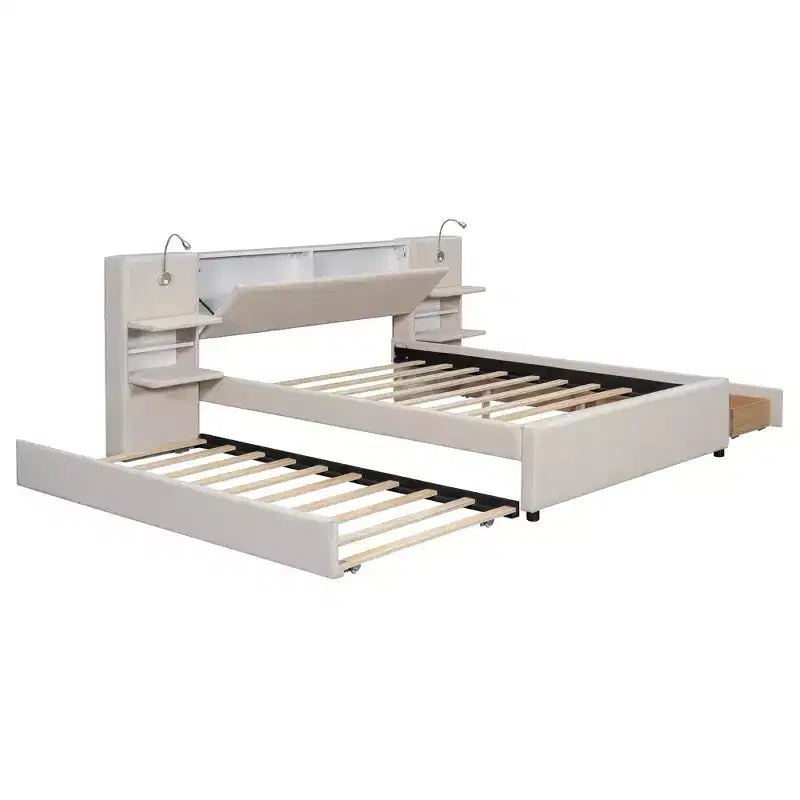 Letto a piattaforma Queen Size imbottito con testiera contenitore a ribalta, luci di lettura, 2 cassetti, ripiani e letto estraibile