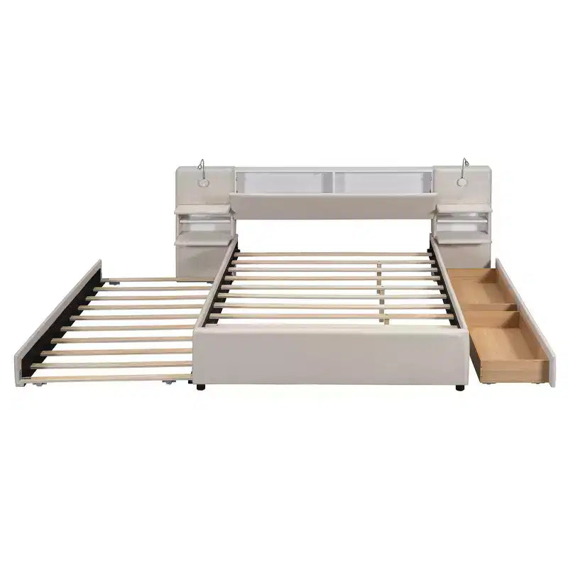 Letto a piattaforma Queen Size imbottito con testiera contenitore a ribalta, luci di lettura, 2 cassetti, ripiani e letto estraibile