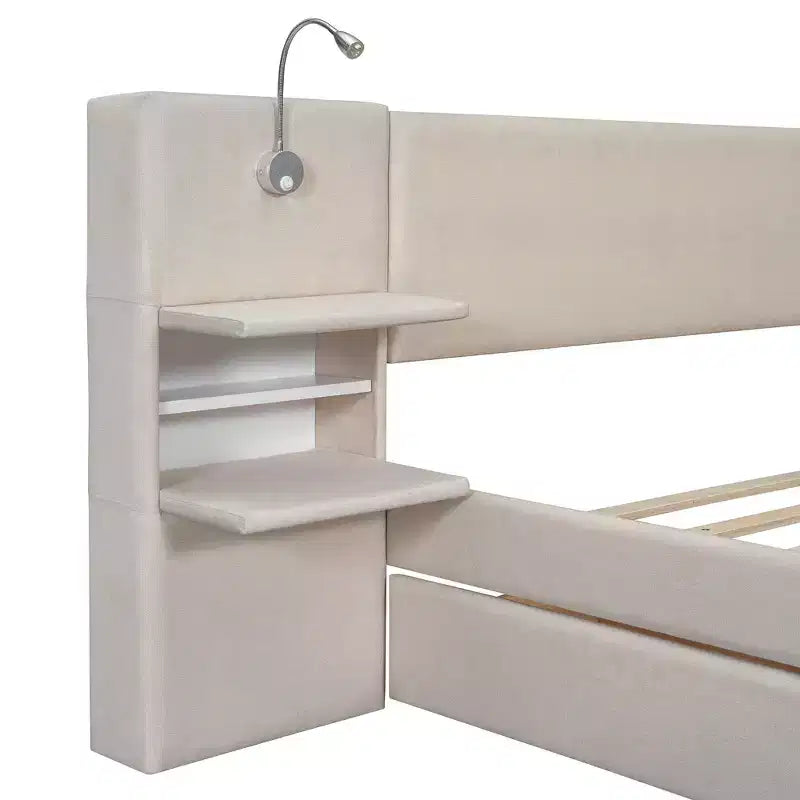 Letto a piattaforma Queen Size imbottito con testiera contenitore a ribalta, luci di lettura, 2 cassetti, ripiani e letto estraibile