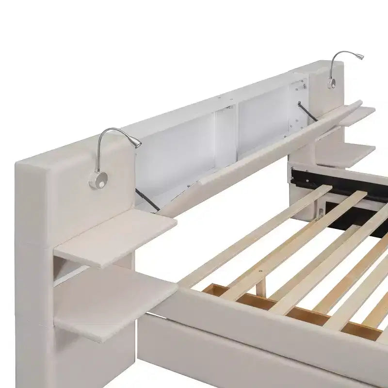 Letto a piattaforma Queen Size imbottito con testiera contenitore a ribalta, luci di lettura, 2 cassetti, ripiani e letto estraibile