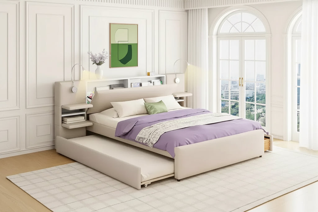Luxystar Queen Size Upholstered Platform Bed with Flip-up storage Headboard, Reading Lights, 2 Drawers, Shelves and Trundle