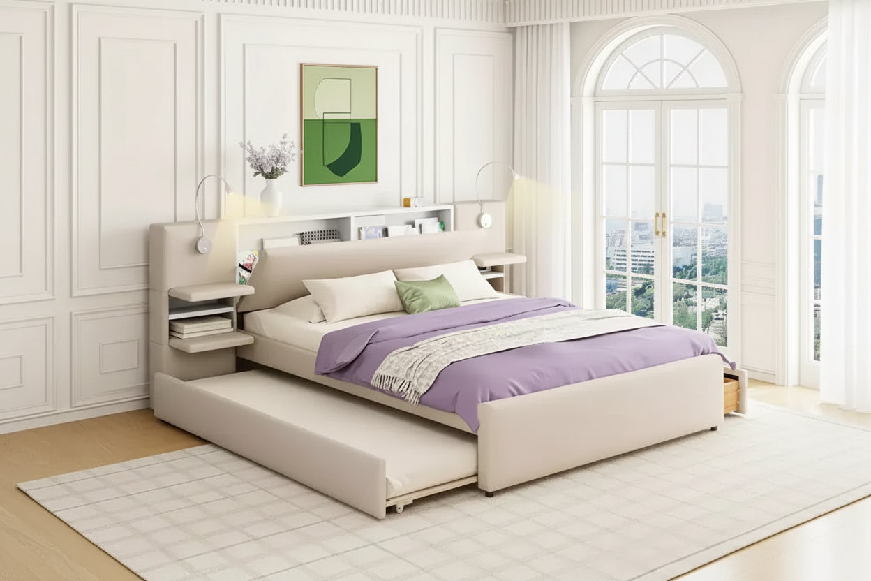 Luxystar Queen Size Upholstered Platform Bed with Flip-up storage Headboard, Reading Lights, 2 Drawers, Shelves and Trundle
