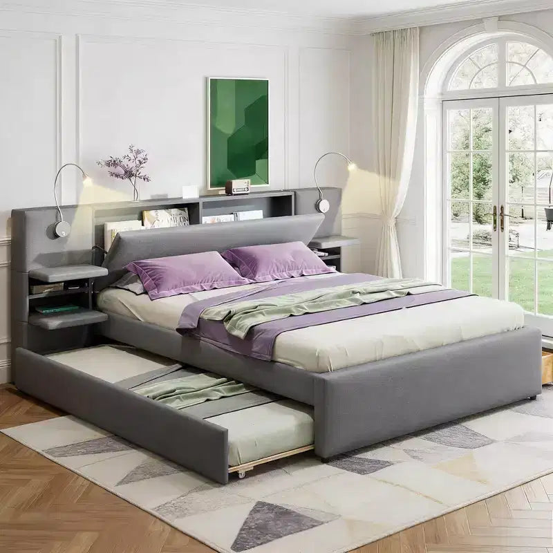 Letto a piattaforma Queen Size imbottito con testiera contenitore a ribalta, luci di lettura, 2 cassetti, ripiani e letto estraibile