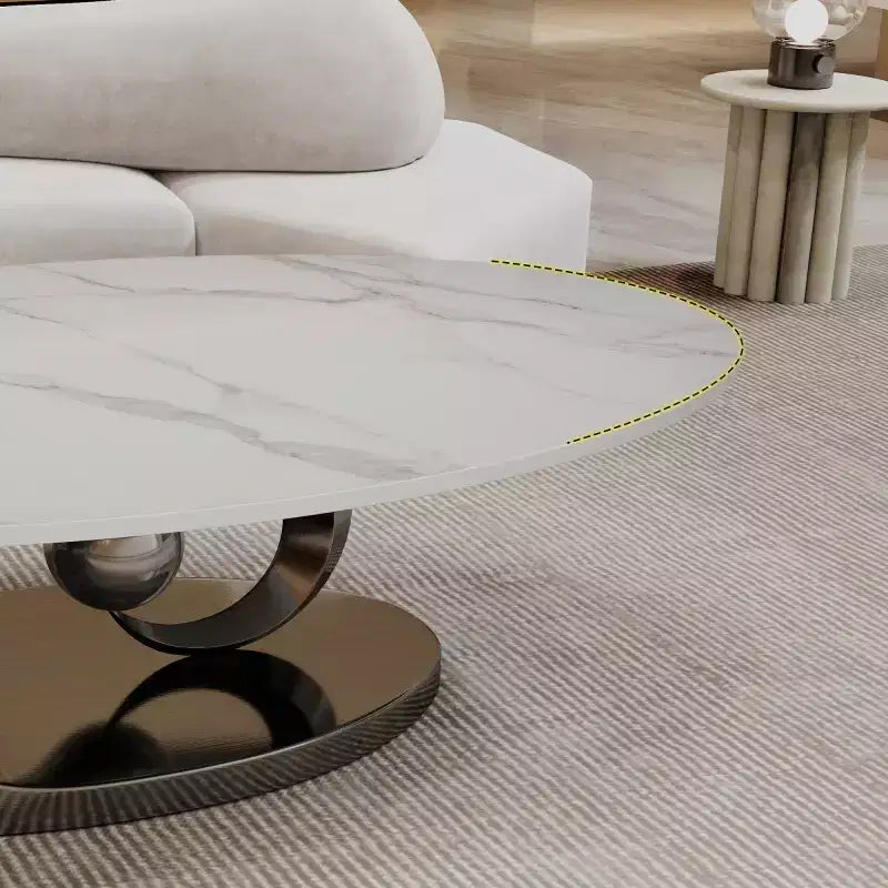 Tavolino da caffè ovale 49, ripiano in finto marmo con base in acciaio inossidabile, tavolino centrale contemporaneo per soggiorno-Panipeachy