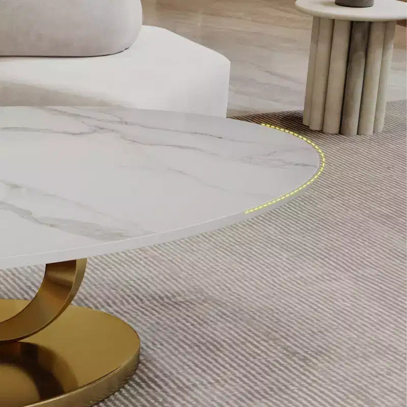 Tavolino da caffè ovale 49, ripiano in finto marmo con base in acciaio inossidabile, tavolino centrale contemporaneo per soggiorno-Panipeachy