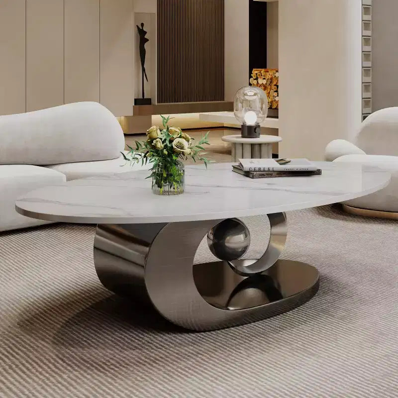 Tavolino da caffè ovale 49, ripiano in finto marmo con base in acciaio inossidabile, tavolino centrale contemporaneo per soggiorno-Panipeachy