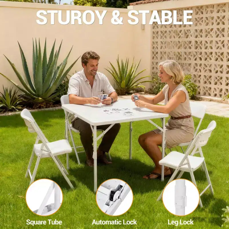 Tavolo da gioco pieghevole quadrato da 34", tavolo da pranzo portatile pieghevole a metà con maniglia e blocco di sicurezza, tavoli da pranzo pieghevoli in plastica per interni ed esterni