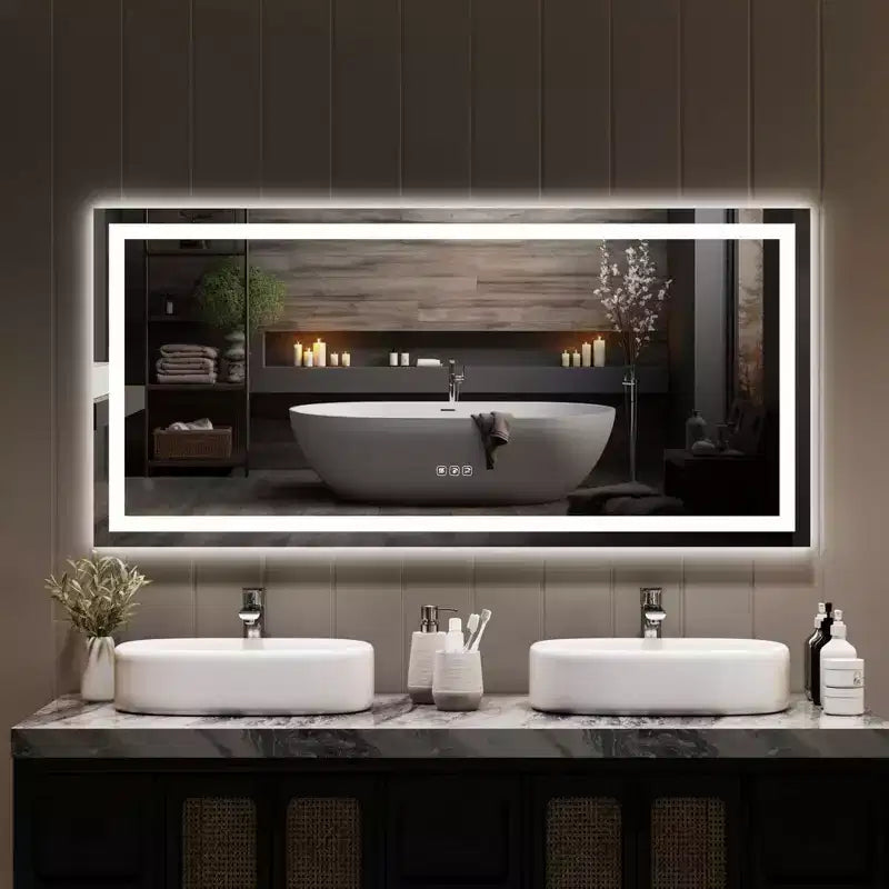COZONY Specchio da bagno 20/60 con luci, dimmerabile, antiappannamento, infrangibile, funzione memoria, retroilluminato e illuminazione frontale, specchio da bagno per trucco