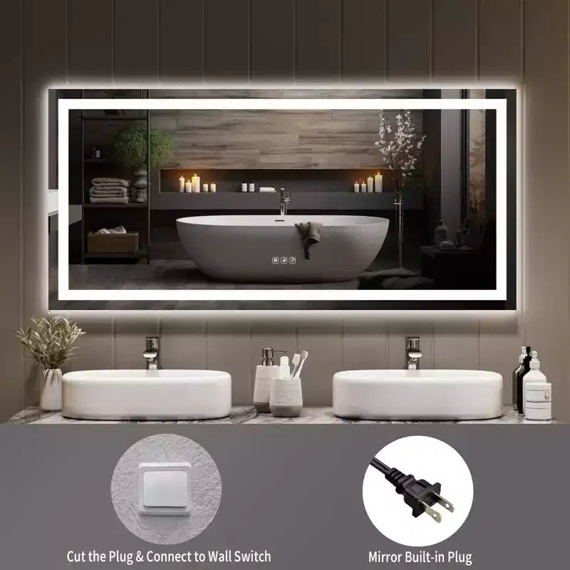 COZONY Specchio da bagno 20/60 con luci, dimmerabile, antiappannamento, infrangibile, funzione memoria, retroilluminato e illuminazione frontale, specchio da bagno per trucco