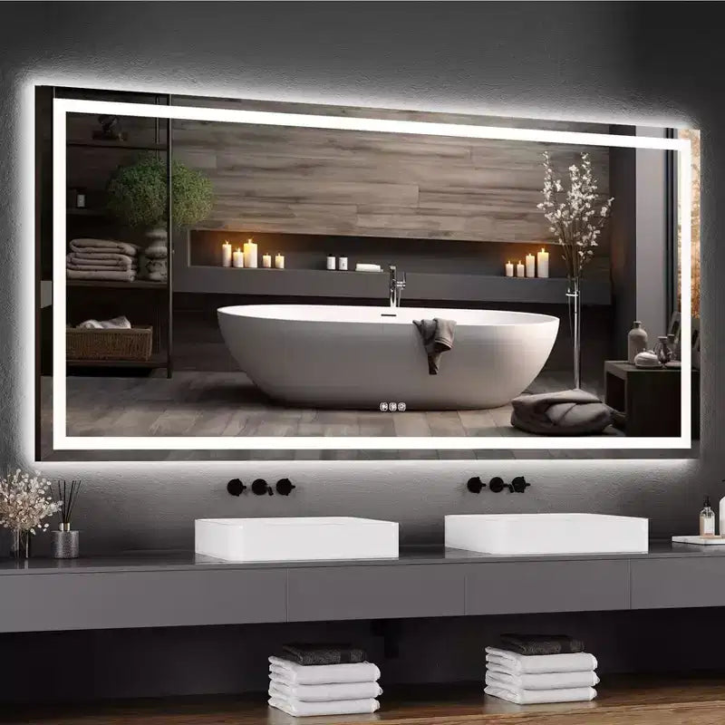 COZONY Specchio da bagno 20/60 con luci, dimmerabile, antiappannamento, infrangibile, funzione memoria, retroilluminato e illuminazione frontale, specchio da bagno per trucco
