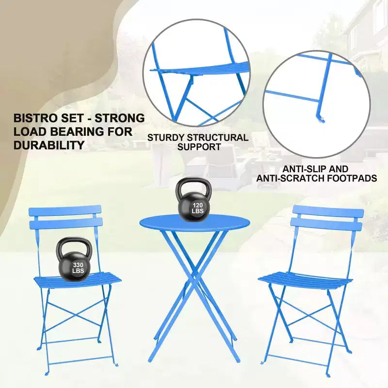Set da Bistrò per Patio da 3 Pezzi, Set di Mobili da Esterno con Tavolo Rotondo e 2 Sedie Pieghevoli, per Portico, Balcone, Giardino
