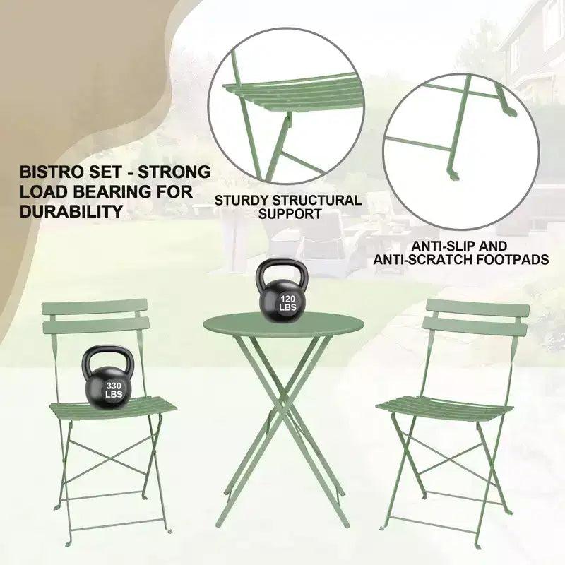 Set da Bistrò per Patio da 3 Pezzi, Set di Mobili da Esterno con Tavolo Rotondo e 2 Sedie Pieghevoli, per Portico, Balcone, Giardino