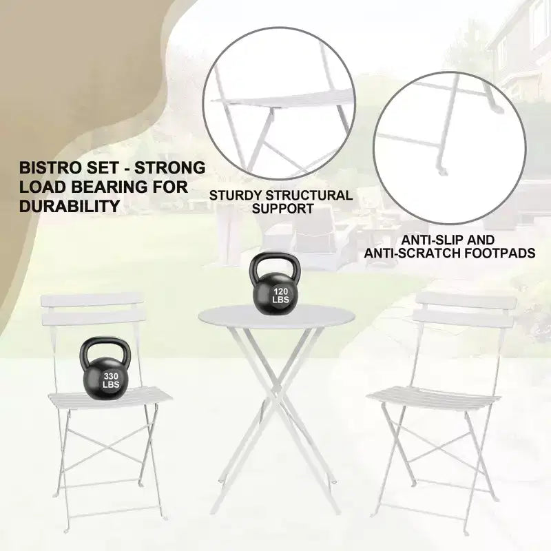 Set da Bistrò per Patio da 3 Pezzi, Set di Mobili da Esterno con Tavolo Rotondo e 2 Sedie Pieghevoli, per Portico, Balcone, Giardino